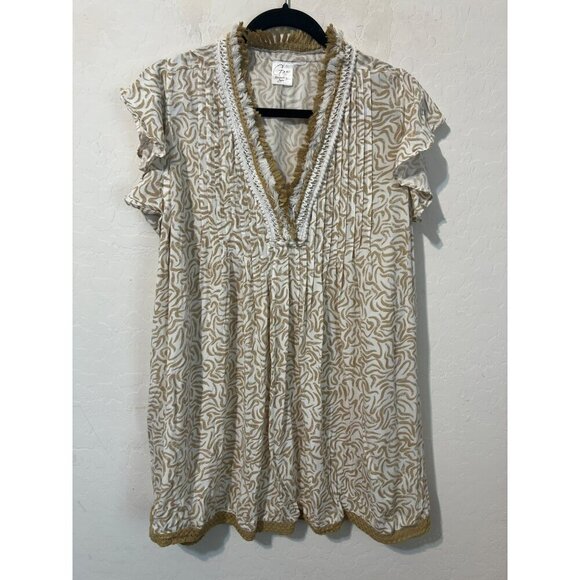 Goa Beachwear by Japna Sz XL Mini Dress Bathing Suit Coverup Tan White Fringe - Picture 2 of 7